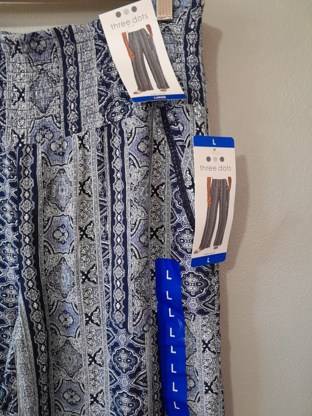 Three Dots Boho Pull On Wide Leg Flowy Blue Casual Rayon Pants Size Large - Picture 2 of 9